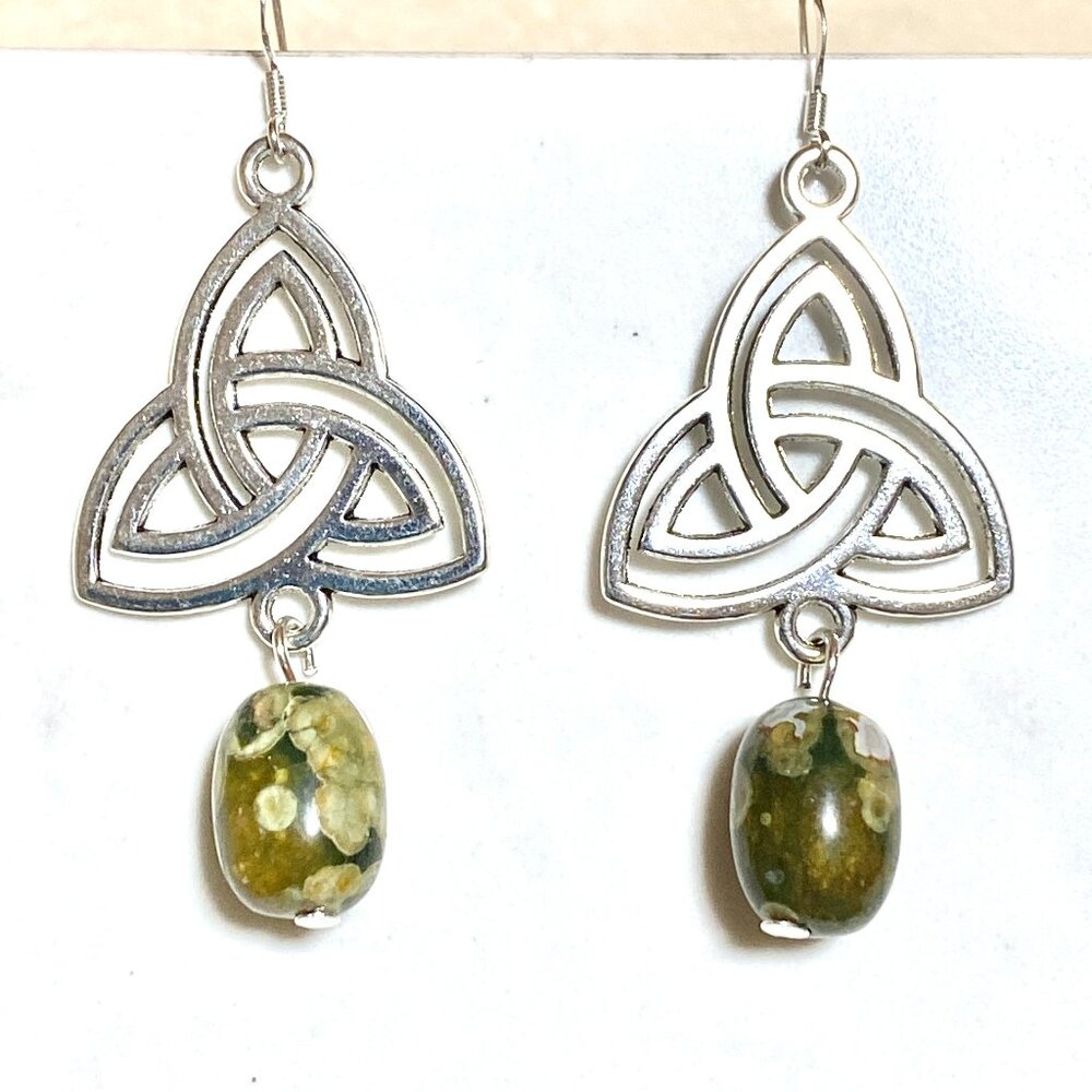 2/$20 Genuine Green Rainforest Rhyolite Triqueta Sterling Silver Dangle Earrings